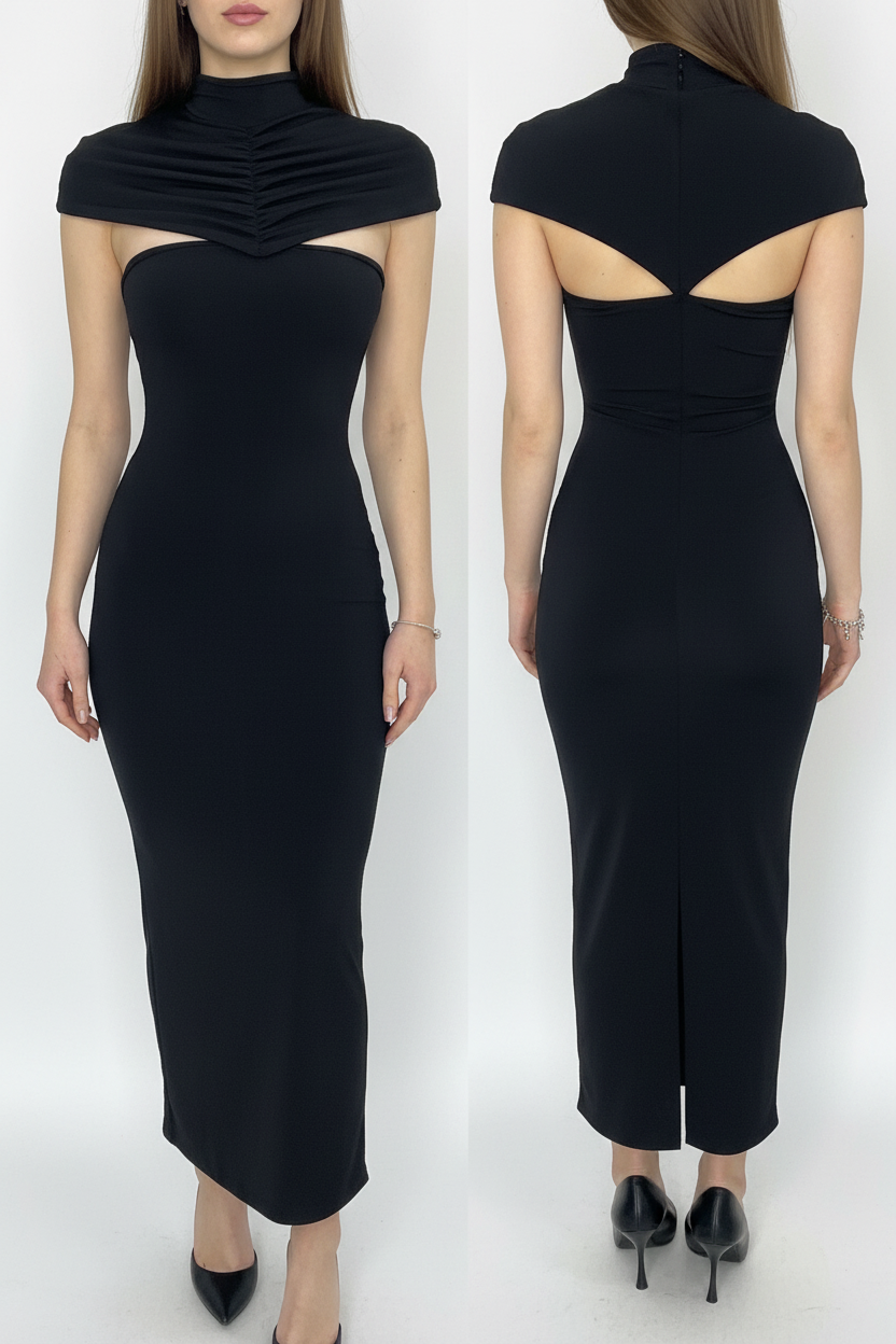 Abito nero midi con cape